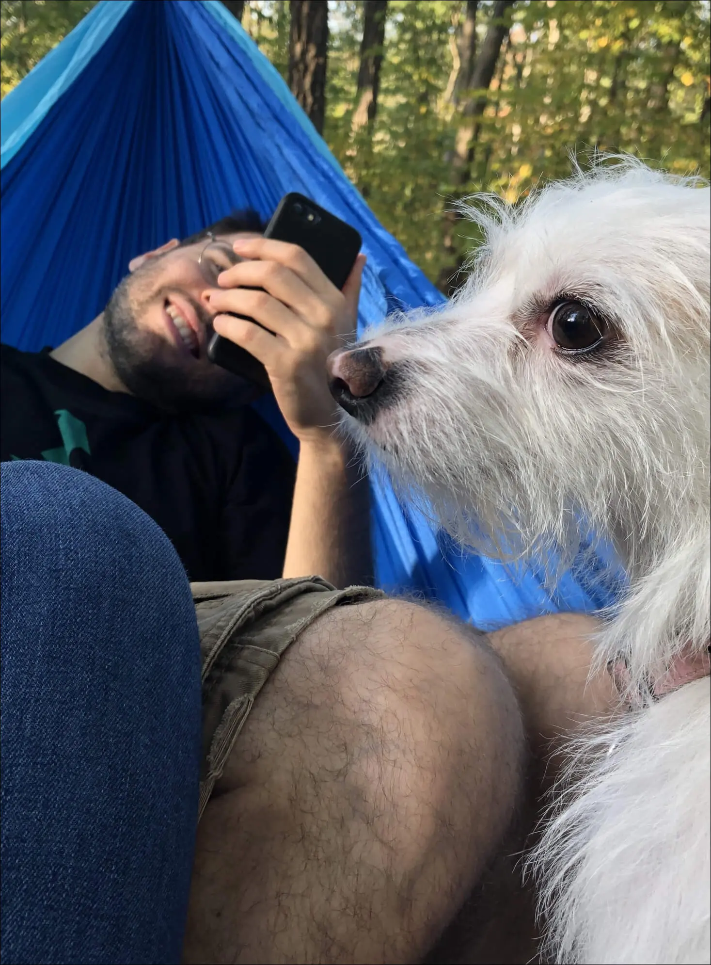 Fabric employee Lev in a hammock with his dog.